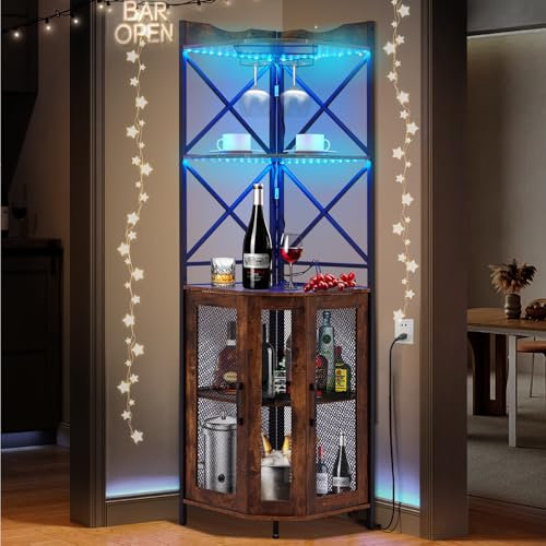 EROMMY Corner Bar Cabinet with Plug Socket, 5-Tiers Wine Cabinet with RGB LED Lights and Glass Holder, Industrial Wine Rack for Home Bar, Dining Room, Lounge, Kitchen, Rustic Brown