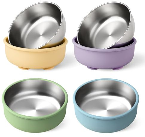 Kabwea 4 piezas taza y platos con ventosa para niños pequeños, tazón de silicona removible, tazón de acero inoxidable, plato de acero inoxidable bebé, plato con ventosa, plato infantil