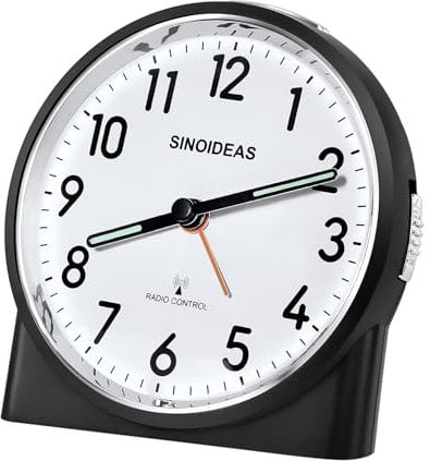 SINOIDEAS Funkwecker,Funkwecker Analog ohne Ticken, mit Nachtlicht Schlummerfunktion, 1 x 1,5 V AA-Batterie (Nicht im Lieferumfang enthalten)(Schwarz)