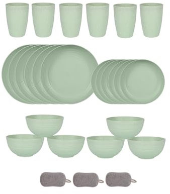 Set di Posate in Plastica da 24 Pezzi Per 6 Persone Ciotole Piatti e Bicchieri Infrangibili Posate da Picnic Colorate e Riutilizzabili Adatto al Microonde e Alla Lavastoviglie (Verde chiaro)