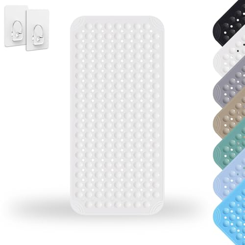 Tappetino Doccia, 40 x 80 cm Tappeto Doccia Quadrato Lavabile in Lavatrice con Ventosa, Tappeto Doccia in PVC Antiscivolo, Tappeto Massaggiante Antiscivolo per Doccia, incl. 2 Ganci, Bianco