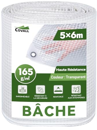 COVALL Bâche Transparente Extérieur 5x6m Dimensions Finies, avec Oeillets, Haute Résistance 165 g/m² Armée, Imperméable, Idéale pour Serre, Jardin, Poulailler et Protection Balcon Contre la Pluie