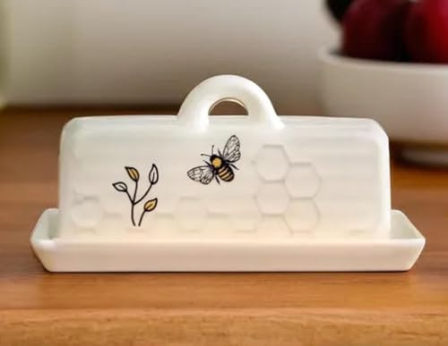 The Bridge Collection Dekorative Honigbienen-Butterdose – weißes Keramik-Wabenmuster mit Blumendetails – Bauernhaus-Stil Küche Aufbewahrung für Butter