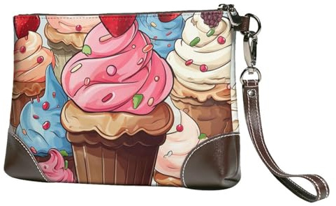 Damen-Handtasche aus Leder, mit Handgelenk, Clutch, Cupcakes und Eiscreme, Abendtasche, Handy-Tasche