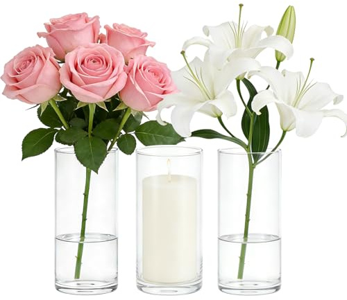 3er Set Zylindervasen, Glasvase, 8.5x15cm, Borosilikatglas | Klare Blumenvase, minimalistisches Design, für Blumen, Kerzen, Tischdeko, Wohnzimmer, Hochzeit