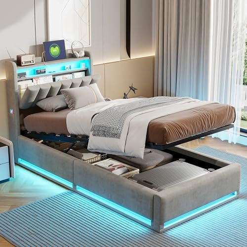 KOOPMAD Bett 90x200 mit Bettkasten, Polsterbett mit Stauraum, Einzelbett mit LED und USB, Jugendbett 90x200 mit Stauraum-Kopfteil, Hydraulisch Stauraumbett, Boxspringbett, Samt, Grau, Ohne Matratze