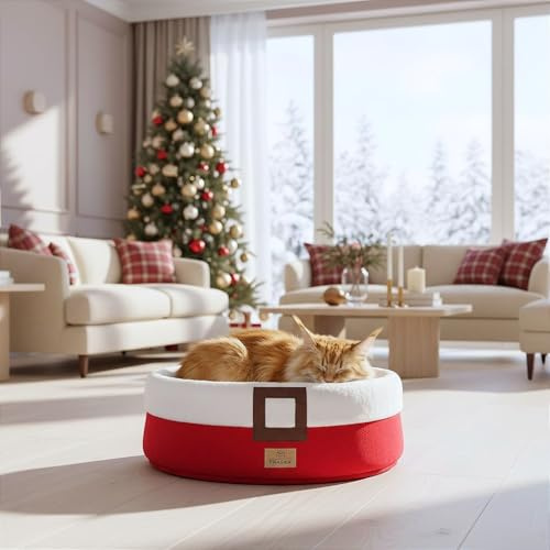 PRASKA GNIAZDKO Santa Claus – Weihnachts Katzenbett & Hundebett | Rundes Winter Kuschelbett mit Plüschkissen | Weiches Katzenkörbchen | Premium Qualität EU | Waschbar