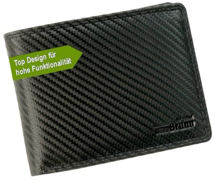 Leder Geldbörse Herren schwarz Carbon mit RFID Schutz, Herren-Portemonnaie Geldbeutel Männer Portmonee viele Fächer, Herrengeldbörse Querformat Echtleder