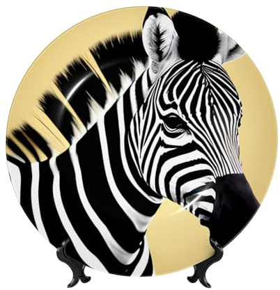 PHAYAH Bone China Decorative Plates with Stand Black and White Zebra Pattern Round Display Plate for Kitchen Dining Room Wine Cabinet Home Decor 6in