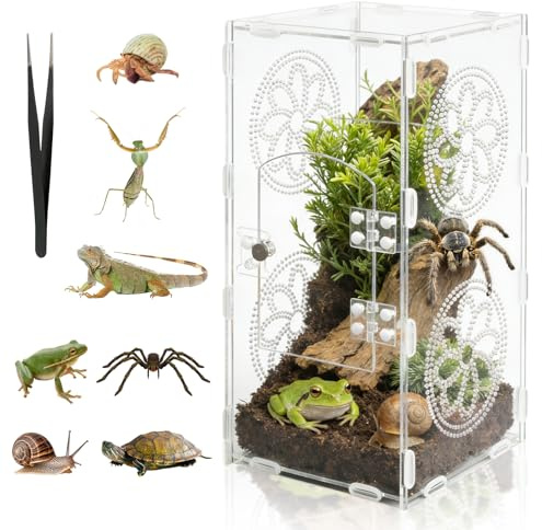 DARENYI Acryl Reptil Terrarium, 30 x 15 x 14cm 360° Transparente Faunabox | Atmungsaktiv Reptilien Aufzuchtbox Enthält Pinzette, Reptilien Fütterungsbox für Springspinne, Eidechsen, Schnecken, Insekten