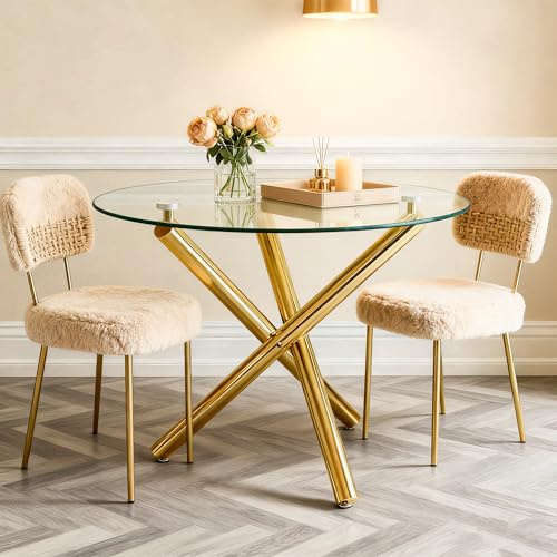 IANIYA Goldener Runder Esstisch mit Gehärtetem Glasplatte & Goldfarbenen Rundenen Metallbeinen, 80x80x76 cm, Minimalistisch für 2-4 Personen, Multifunktionaler Küchentisch & Couchtisch für Esszimmer