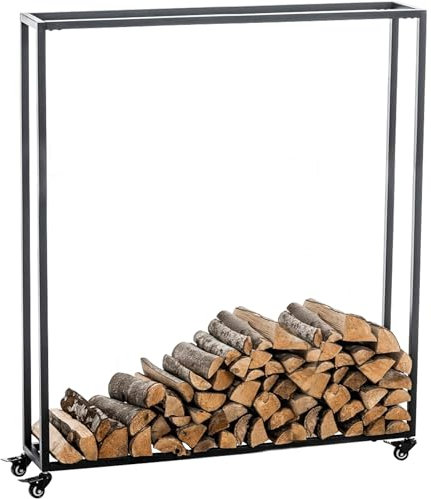 CLP Portalegna per Camino Hetta in Acciaio Inox I Scaffale per Accatastare Legna con Ruote I Supporto Legna da Ardere, Colore:Nero, Dimensione:25x100x150 cm