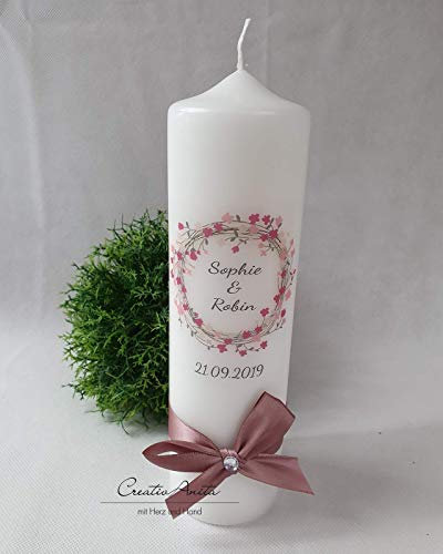 Hochzeitskerze Kerze Blütenkranz - Blumen - Altrosa-Rosa-Beere - Personalisiert, inkl. Aufbewahrungsbox