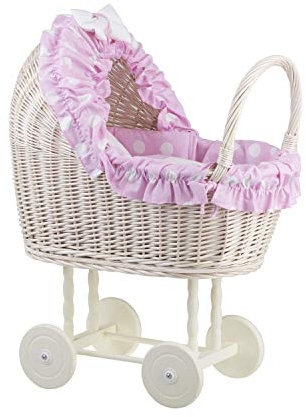 e-wicker24 Poussette - Landau pour poupée en Osier Blanc-Creme, Cadeau pour Les Enfants (Blanc, Rose)