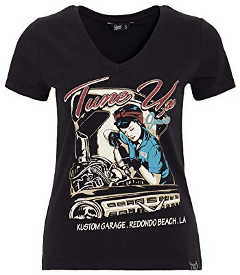 Queen Kerosin Damen Kurzarm T-Shirt V Ausschnitt Tune Up Print Slim Fit Tune Up
