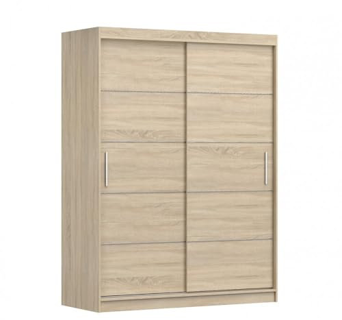 MOEBLO Kleiderschrank Schwebetürenschrank 2-türig Schrank mit vielen Einlegeböden und Kleiderstange Gaderobe Schiebtüren BxHxT 150x200x61 - Lara 6 (Sonoma + Sonoma)