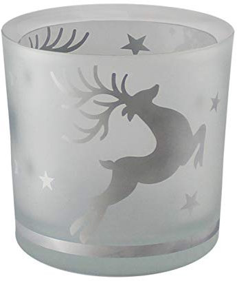 Kaheku Windlicht Hirsch |Zylinder satininiert| mit aufgedrucktem Motiv in Silber | H 14 D 14 cm | dickwandiges Glas | Kerzenhalter, Teelichthalter
