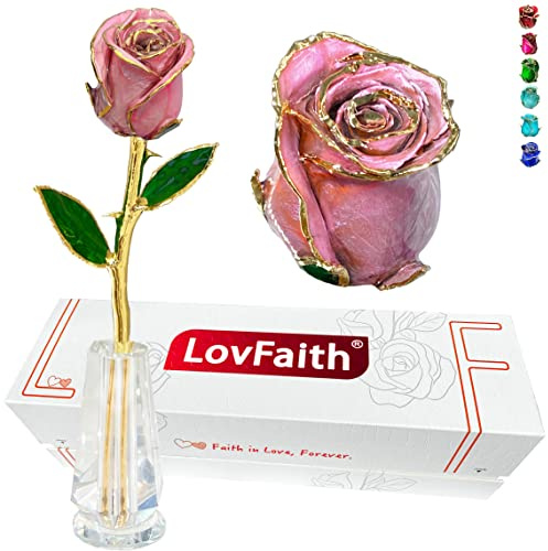 LovFaith Rose véritable trempée or 24 carats avec support en cristal, meilleur cadeau d'anniversaire pour elle, épouse, mère, anniversaire, Noël (A5. Rose - Rose originale)
