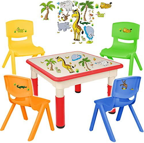 alles-meine.de GmbH Sitzgruppe für Kinder - Tisch + 4 Kinderstühle - Größen & Motiv & Farbwahl - Zootiere & Giraffe/rot - höhenverstellbar - 1 bis 8 Jahre - Plastik - für INNEN..
