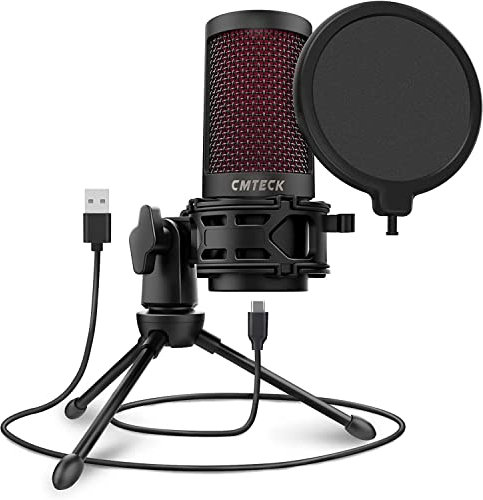 CMTECK Microfono USB, microfono podcast con filtro pop e pulsante muto, compatibile per computer desktop e laptop (nero)
