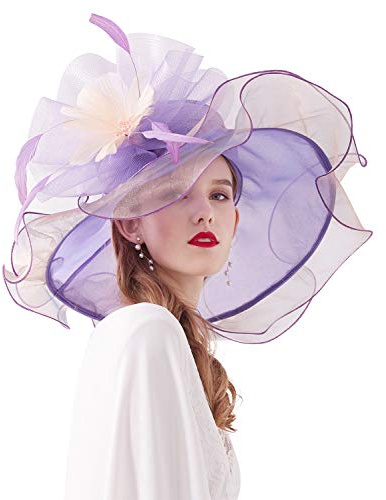 ELLYDOOR Damenhut Derby, Kirchenhut, Organza-Blume, Hochzeit, Teeparty, Fascinator, Hut mit breiter Krempe, 03lila, Einheitsgröße