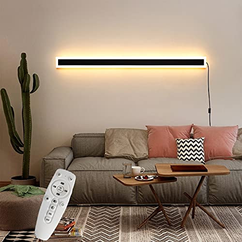 Innen Dimmbar Wandleuchte mit Fernbedienung, LED Streifen Up Down Wandlampe mit Schalter und Stecker, Schwarz Aluminium Wandbeleuchtung Wohnzimmer Schlafzimmer Treppe Lang Wandspot Lampe,120cm 72w