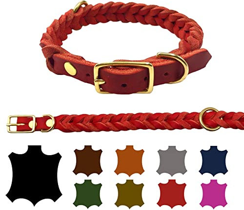 Hundehalsband Fettleder große Hunde verstellbar Messing handgeflochten Made IN Germany Lederhalsband (M 37cm-43cm Breite:25mm, Rot)