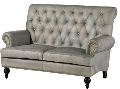 MASSIVMOEBEL24.DE | Chesterfield Sofa 2-Sitzer aus Echtleder #206 | aus echtem Büffel-Leder - Grau | 140x84x94 cm | mit Nieten | Couch Polstercouch 2er Sitzer