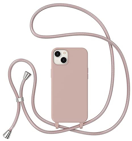 ZTOFERA Crossbody Lanyard Case for iPhone 13 (6.1), Liquid Silicone Protective Phone Case with Strap Adjustable Neck Cord Necklace Soft Cover, Pink