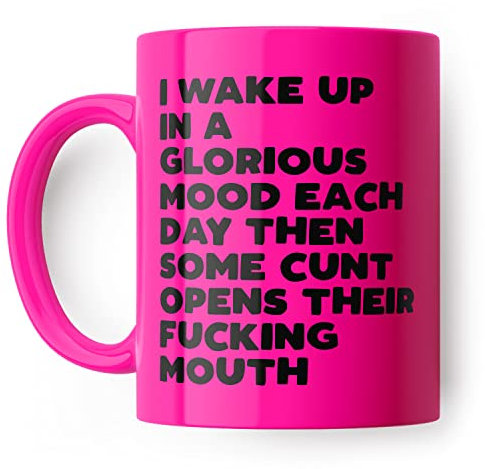 Silly Sentiments Wake Up in a Glorious Mood Funny Swearing Mug for Friend, Colleague or Partner Rude Coffee Cup for Birthday, Anniversary, Mother's Day Gift, Bestie Mug (Pink)