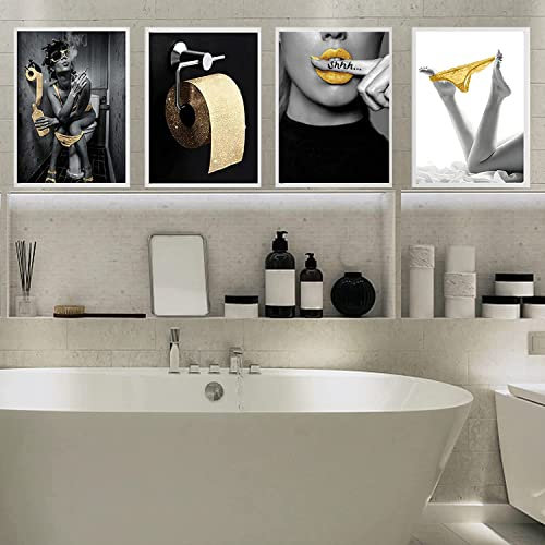 Moderne Badezimmer Leinwand Bilder, 3 Stück Schwarz und Weiß Leinwand Poster Set Moderne Lustige Badezimmer Wand Kunst Poster-ohne Rahmen(D,4x40x60cm)