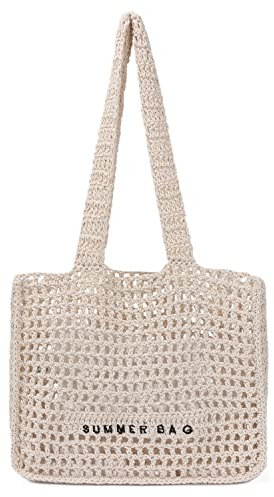 Ynport Crefreak Damen Umhängetasche Durchbrochene Gehäkelte Einkaufstasche Gewebte Reise Strandtasche Netz-Einkaufstaschen, Beige