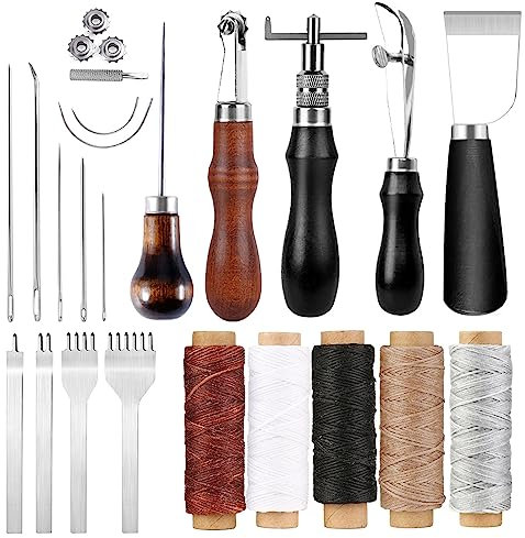Juego de herramientas de costura de cuero, juego de bricolaje de cuero con 5 colores de hilo de cera, agujas de coser de cuero, cincel de agujeros, cuchillo de corte de cuero para coser cuero