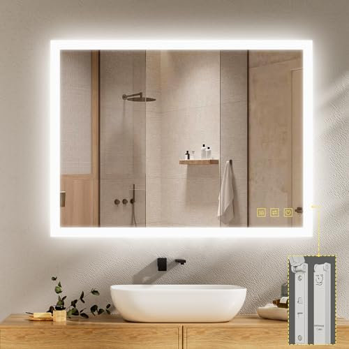 AI-LIGHTING Badezimmerspiegel mit Beleuchtung 80×60 cm Badspiegel mit Licht und Steckdose, Beschlagfrei, 3 Lichtfarben Beleuchteter Badspiegel mit Touch Schalter Energiesparend, Lunarechteckig