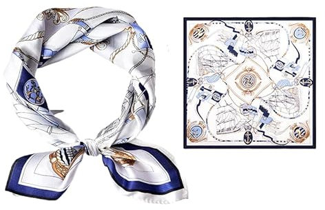 GIMIRO Schal aus imitierter Seide [53 x 53cm] Quadratische Schals Impressionismus-Muster Vintage-Schal für Büroarbeit oder lässigen Bund (White- Sea Ship)