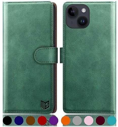 SUANPOT design for iPhone 15 Plus 6.7 inch case with [Credit Card Holder][RFID Blocking],PU Leather Flip Book Protective Cover Women Men for Apple 15 Plus Phone case Sea Green