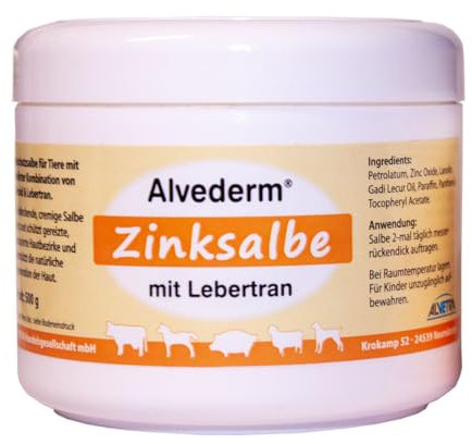 Alvederm Zinksalbe für Tiere | 500 g | Hautschutzsalbe für Tiere | Mit bewährter Kombination von Zinkoxid & Lebertran | Kann zur Pflege strapazierter Haut von Tieren beitragen
