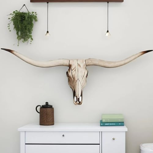 BKCEHCRS Kuh-Schädel-Wanddekoration, Langer Horn-Kuh-Schädel, Wandbehang, künstlicher Longhorn-Schädel, künstlicher Taxidermie-Kopf, Wanddekoration, handgefertigt, Simulation, großer Stierkopf,
