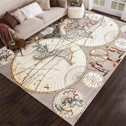 RUGMRZ Waschbarer Vintage-Weltkarten-Muster-Wohnzimmer-Büro-Langlebiger Teppich Mit Niedrigem Flor 100X160Cm Großer Teppich Area Rugs Mehrfarbig Teppich Mädchen Jugendzimmer
