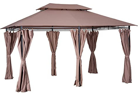 Outsunny Cenador de Jardín 3x4 m Gazebo de Exterior con Paredes Laterales Doble Techo 6 Puertas con Cremallera y 8 Orificios de Drenaje para Terraza Patio Playa Caqui
