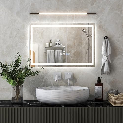 RELAX4LIFE LED Badspiegel, Badezimmerspiegel mit Beleuchtung, Wandspiegel mit Touch-Schalter, Anti-Beschlag, Dimmbar 3 Lichtfarben, Zeit- & Temperaturanzeige, Lichtspiegel(60 x 40 cm)
