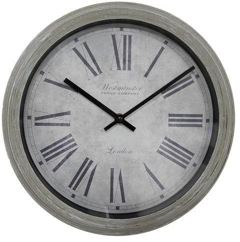 HAES DECO – Wanduhr Ø 30 x 4 cm, graues Kunststoffglas, Westminster Clock Company London Wanduhr