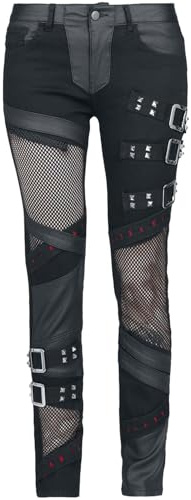 Gothicana by EMP Damen Schwarze Jeans mit Mesh und Lederoptik-Details