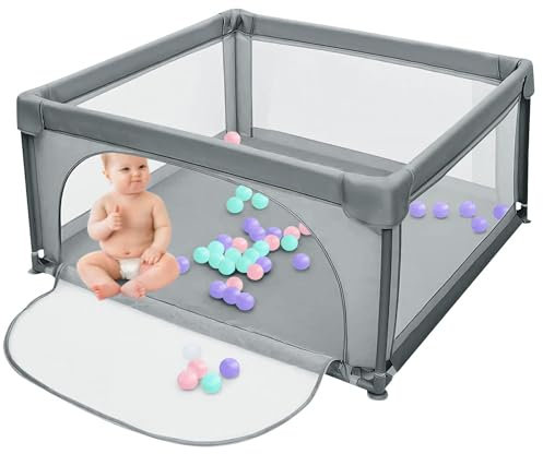 MUL-BOUTIQUE Laufgitter für Babys, modulierbar, 120 x 120 cm, faltbar, großer Laufstall für Kleinkinder mit Tür mit Reißverschluss (dunkelgrau)