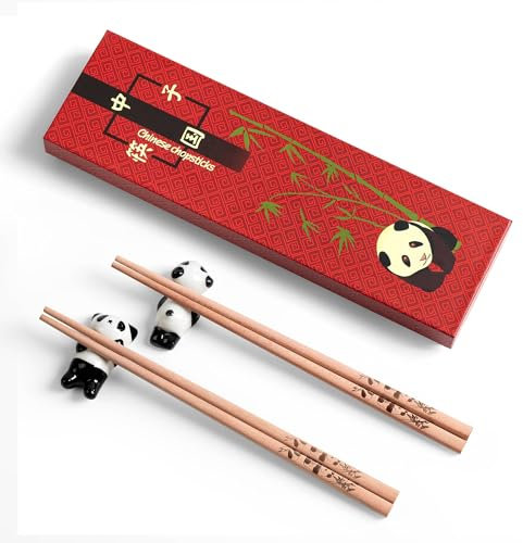 Hefild 2 Paar unbeschichtete wiederverwendbare Essstäbchen, 23,9 cm große Essstäbchen mit Panda-Gravur und Haltern, Holz-Essstäbchen für Erwachsene, chinesische Essstäbchen und Ablagen, Geschenk-Set