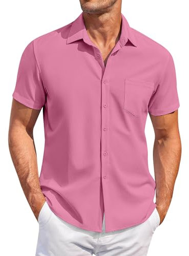 Générique Chemise Hawaïenne en Lin pour Homme - Manches Courtes - T-Shirt Chemisette - Rose 2XL