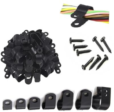 Metal Screws 25pcs Black Nylon R Shape Cable Clamp With Self-tapping Screw Electrical Hose Loop Fixer Plastic Cord Ties Organizer Holder(5mm)