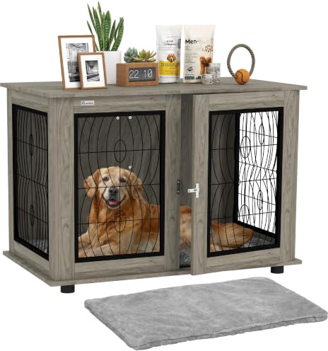 PawHut Dog Crate Furniture Soft Cushion for XL Breeds 118 x 75 x 82 cm Grey | Dog Cage, Soft Washable Cushion, Furniture-Style Pet Kennel, Indoor House End Side Table