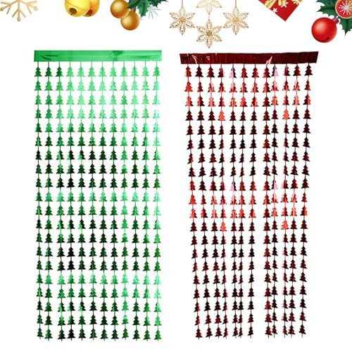 Satiskid 2 PCS Christmas Door Tinsel Curtain, 1 x 2m Christmas Tree Fringe Backdrop Hanging Streamer, Red & Green Door Curtain, Shimmer Curtain, Xmas Party Photo Backdrop, Christmas Decorations