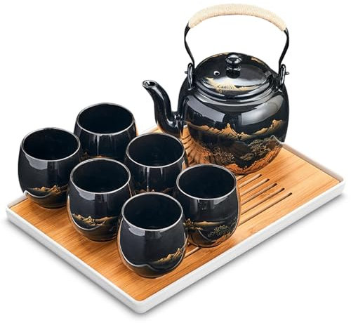 Japanisches Teeservice, Chinesische Teeservice aus Keramik, Ideal Für Asiatische Teekanne für Teeliebhaber, Schwarzes Porzellan-Teeset, Chinesische Kung-Fu-Tee-Set mit 8 Tassen (Goldene Landschaft)
